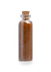 Glass bottle of brown food coloring isolated on white
