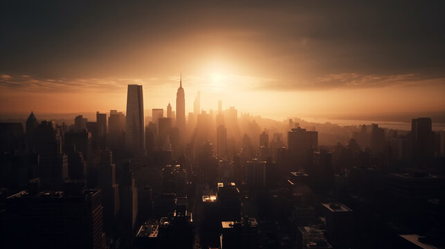 New York City city scraper tall buildings sunlight high angle view Beautiful view midtown Manhattan, Generative AI ,illustration
