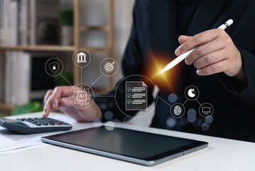 Financial ecosystem concept, businessman using pen to electronic signature, business finance, AI tech, success, cyber security, fingerprint biometric authentication, management, optimization.
