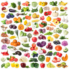 Many fresh fruits and vegetables on white background, collage design