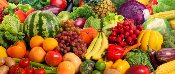 Assortment of fresh vegetables and fruits as background, banner design