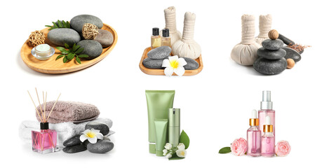 Set with different spa products isolated on white