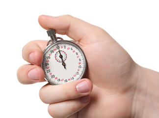 Man holding vintage timer on white background, closeup