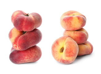 Collage with tasty flat peaches on white background
