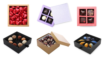 Set of boxes with tasty different chocolate candies on white background