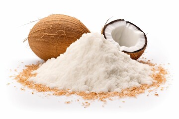 whole coconut and powdered coconut on a plain white background. Generative AI - obrazy, fototapety, plakaty