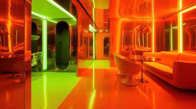 Inside A Unique And Award-Winning Lime Green And Bright Orange Interior Designed By Steven Meisel With Futuristic Vibes And Shiny Walls, Generative AI