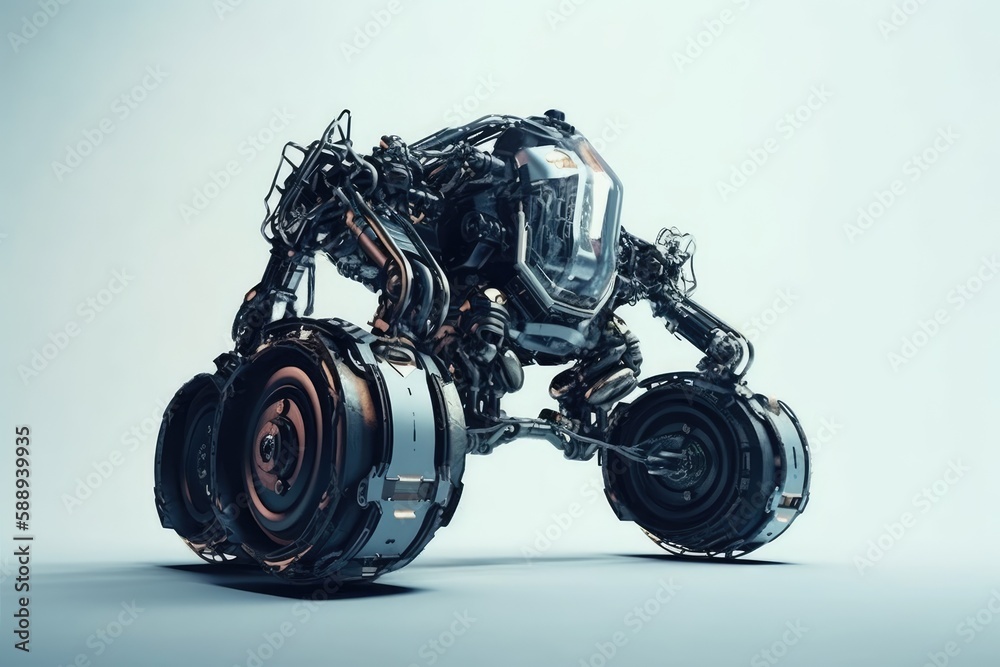 Poster robot seated on a blank surface in a minimalist setting. generative ai
