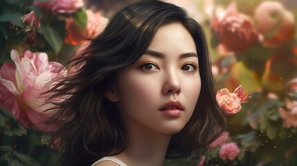 Naklejka premium 花と女性の美容イメージ（コスメ・エステ・髪の毛・美容室・ヘアケア・Generative AI） 