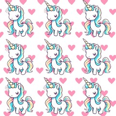 pastel colors unicorn seamless pattern, pink hearts background, generative ai, cute unicorn pattern