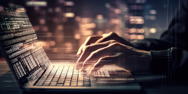 Programming Work Time. Programmer Typing New Lines of HTML Code, night skyscrapers on background. Laptop and Hand Closeup.  Web Design Business, Digital technology, software development concept. 