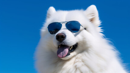 Samoye wearing sunglasses under the blue sky © ding