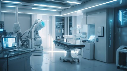 ロボットアームのある未来的な手術室（Generative AI）
