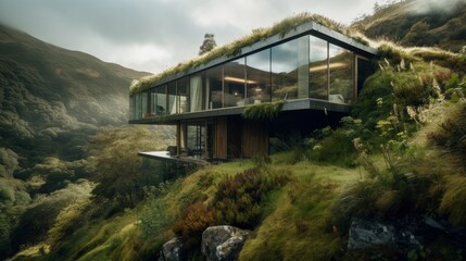 Fototapeta na wymiar Mountain-side oasis: An energy-efficient home with green roof & living walls, stunning views, and high-tech all-terrain vehicle A cutting-edge design, Generative AI