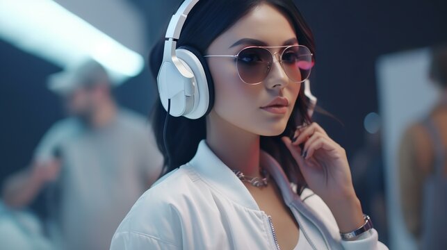 ヘッドホンで音楽を聴くアジア人女性（DJ・ミュージシャン・Generative AI）
