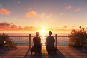 Fototapeta na wymiar Couple watching sunset at tropical resort, couple on the beach, Generative AI