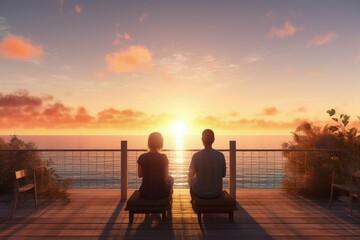 Obraz premium Couple watching sunset at tropical resort, couple on the beach, Generative AI