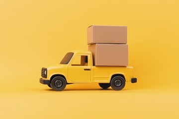 Carrier car with parcel boxes, Delivery car with packages, isolated on yellow background, Generative AI

