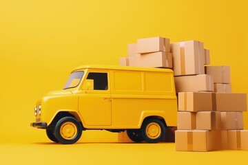Carrier car with parcel boxes, Delivery car with packages, isolated on yellow background, Generative AI

