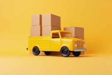 Carrier car with parcel boxes, Delivery car with packages, isolated on yellow background, Generative AI

