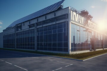 Fototapeta na wymiar Factory with solar energy system, Industry with solar panels on the roof, Generative AI