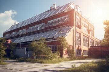 Obraz premium Factory with solar energy system, Industry with solar panels on the roof, Generative AI