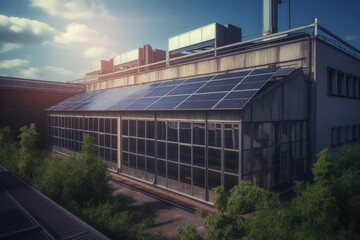 Obraz premium Factory with solar energy system, Industry with solar panels on the roof, Generative AI