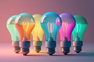 Six light bulbs colored with pastel colors, idea and creativity concept, Generative AI