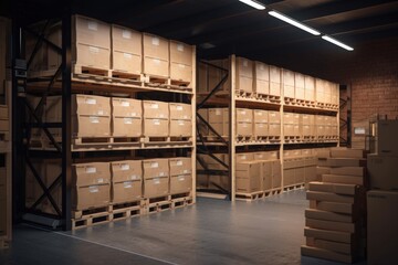 Company logistic warehouse with shelves and boxes, cargo depot, Generative AI