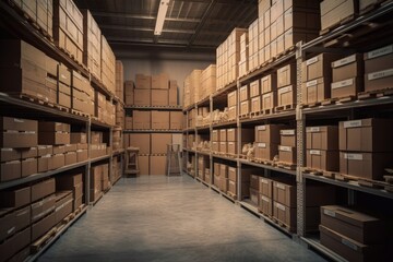 Fototapeta premium Company logistic warehouse with shelves and boxes, cargo depot, Generative AI