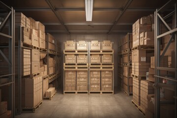 Company logistic warehouse with shelves and boxes, cargo depot, Generative AI