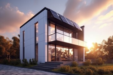 Fototapeta premium Modern house with photovoltaic solar panels on the roof, house with solar energy system, Generative AI