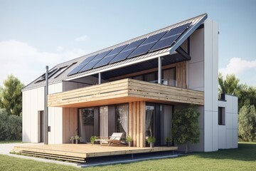 Modern house with photovoltaic solar panels on the roof, house with solar energy system, Generative AI