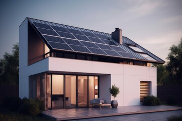 Modern house with photovoltaic solar panels on the roof, house with solar energy system, Generative AI