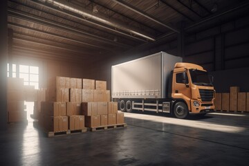 Cargo truck in distribution center, logistic warehouse, Generative AI