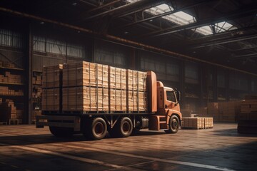 Naklejka premium Cargo truck in distribution center, logistic warehouse, Generative AI