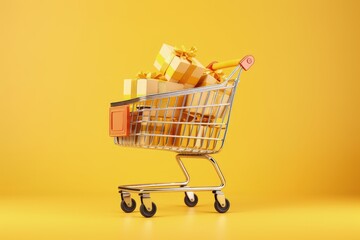 Shopping cart with gift boxes, isolated on yellow background, Generative AI