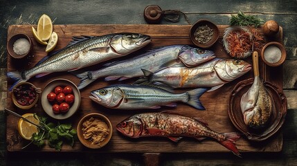 Set of traditional italian fish food on rustic wooden table, flat lay, top view, AI generative