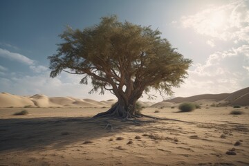 Fototapeta na wymiar Big tree in the middle of the desert, desert tree landscape, Generative AI