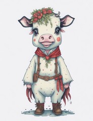 cute cow wearing cultural costume in watercolor artstyle. Generative AI