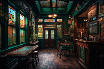Irish pub interior design, green. Generative AI - obrazy, fototapety, plakaty
