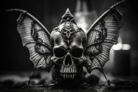 stylized skull with wings in black and white. Generative AI