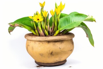 potted plant with yellow flowers and green leaves. Generative AI