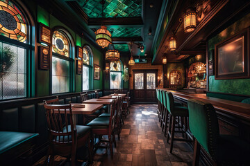 Fototapeta na wymiar Irish pub interior design, green. Generative AI