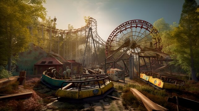 Abandoned amusement park with attractions overgrown with trees, AI generative eerie, derelict urgan landscape