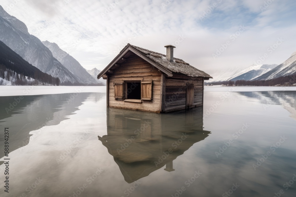 Sticker cozy cabin floating serenely on a tranquil lake. generative ai