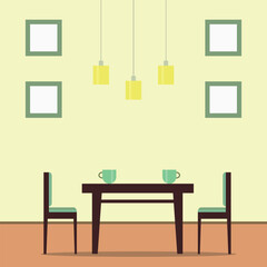 Illustration drawing of the living room and dining table with cups and a frame on the wall and yellow lighting professionally