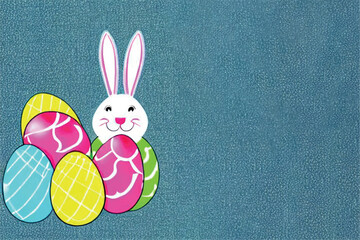 Easter Bunny and colorful Easter eggs. Greeting card for Easter. Texture for Easter holiday.