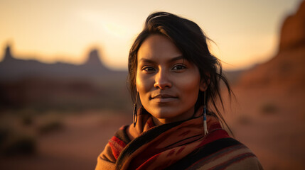 Portrait of native american woman by generative AI - obrazy, fototapety, plakaty