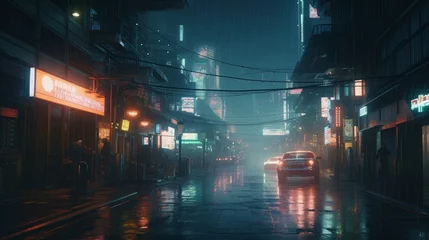Foto op Canvas Cinematic Cyberpunk: A Hyper-detailed Futuristic Metropolis with Neon Lights, HUID Interfaces, and AI Algorithms, Powered by Insane Details at Night, Generative AI © Georgy